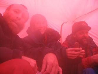 Pete, Anne and Phil inside the shelter