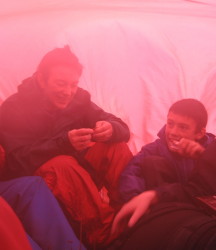 Rosie and matthew inside the shelter